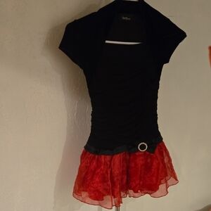 Black Gathered Top with Red Sheer Ruffle Skirt